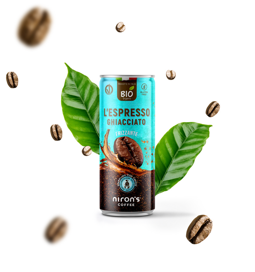 Niron's sparkling organic iced espresso can with coffee leaves and beans